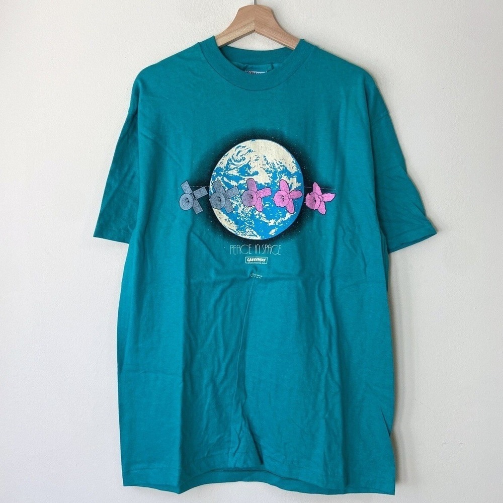 Vintage 80's Peace in Space Greenpeace Earth Flower Art Green‎ Tee Shirt - XL